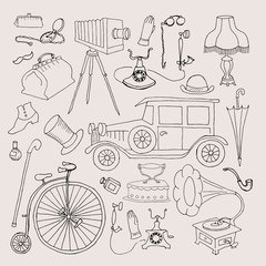 Set of retro things and accessories, lines, hand drawn sketch. Vector illustration, vintage design elements.