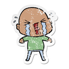 distressed sticker of a cartoon crying bald man