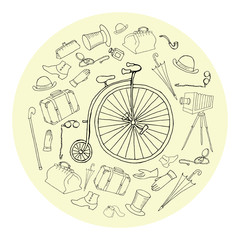 Retro bicycle and travel accessories. Vintage vector design elements, round background. Hand drawn sketch.