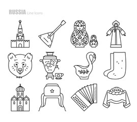 Russia vector line icon set. Russian symbols: Kremlin, balalaika, nesting doll, girl in sarafan and kokoshnik, bear,  samovar, Khokhloma ladle, felt boots, church,  harmonic, loaf, hat with ear flaps