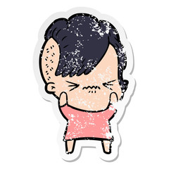 distressed sticker of a cartoon annoyed hipster girl