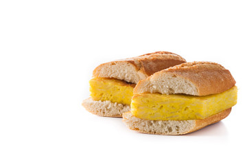 Bocadillo de tortilla española. Spanish potato omelette sandwich isolated on white background. Copyspace
