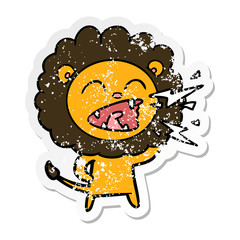 distressed sticker of a cartoon roaring lion