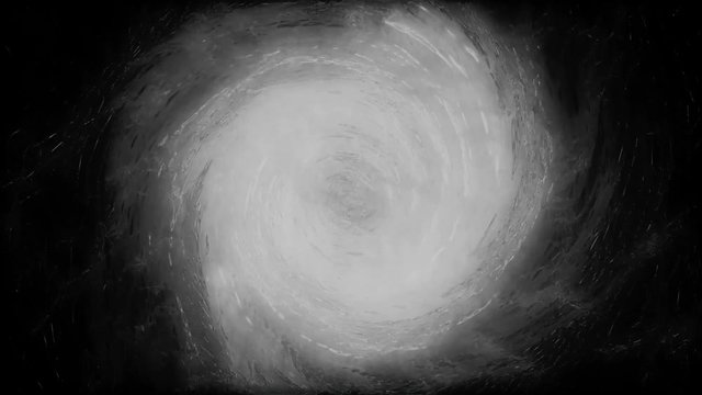 Abstract white water tornado, view from the top of the vortex on black background, monochrome. Abstract water swirl flowing, seamless loop.