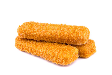 Fish fingers isolated on white background. Frozen fish sticks.