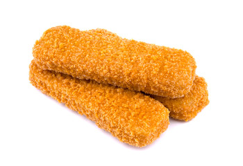 Fish fingers isolated on white background. Frozen fish sticks.