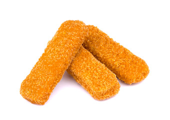 Fish fingers isolated on white background. Frozen fish sticks.