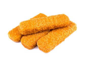 Fish fingers isolated on white background. Frozen fish sticks.