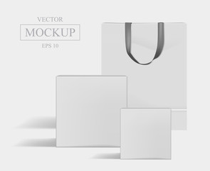 Creative white mockup. Shopping bag and 2 boxes.