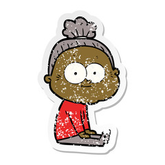 distressed sticker of a cartoon happy old woman