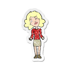 retro distressed sticker of a cartoon woman shrugging shoulders