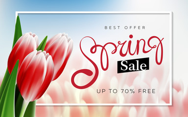 Spring Sale advertising text banner design with realistic flowers and handwrited lettering on bright floral background for season ads
