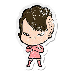 distressed sticker of a cute cartoon girl with hipster haircut