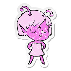 distressed sticker of a cartoon alien girl
