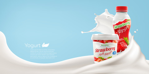 Whole milk yogurt bottle and jar vector design with strawberry berries, commercial vector meal advertising branding ready mock-up realistic illustration