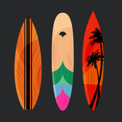 Set of different surfboards on grey background. Surfboard for wave riders in a trendy flat style. Exotic print. Isolated vector illustration.