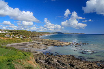 Fototapeta na wymiar Elevated View of Portwrinkle Harbour, with views across Whitsand Bay towards Rame Head in Cornwall