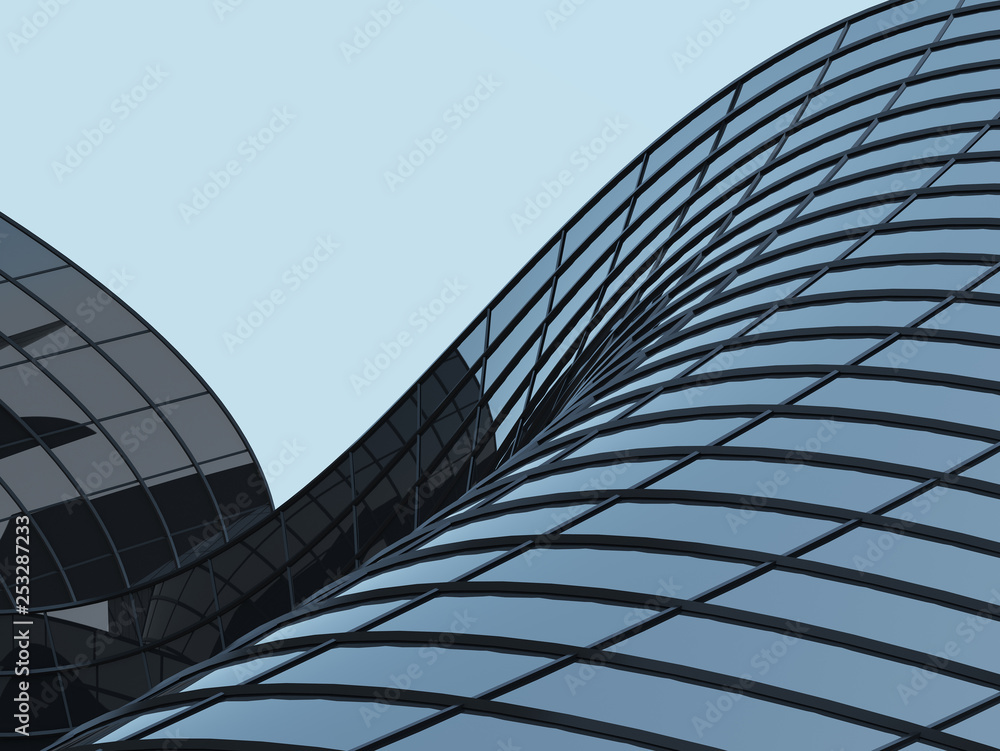Poster 3d stimulate of high rise curve glass building and dark steel window system on blue clear sky backgr