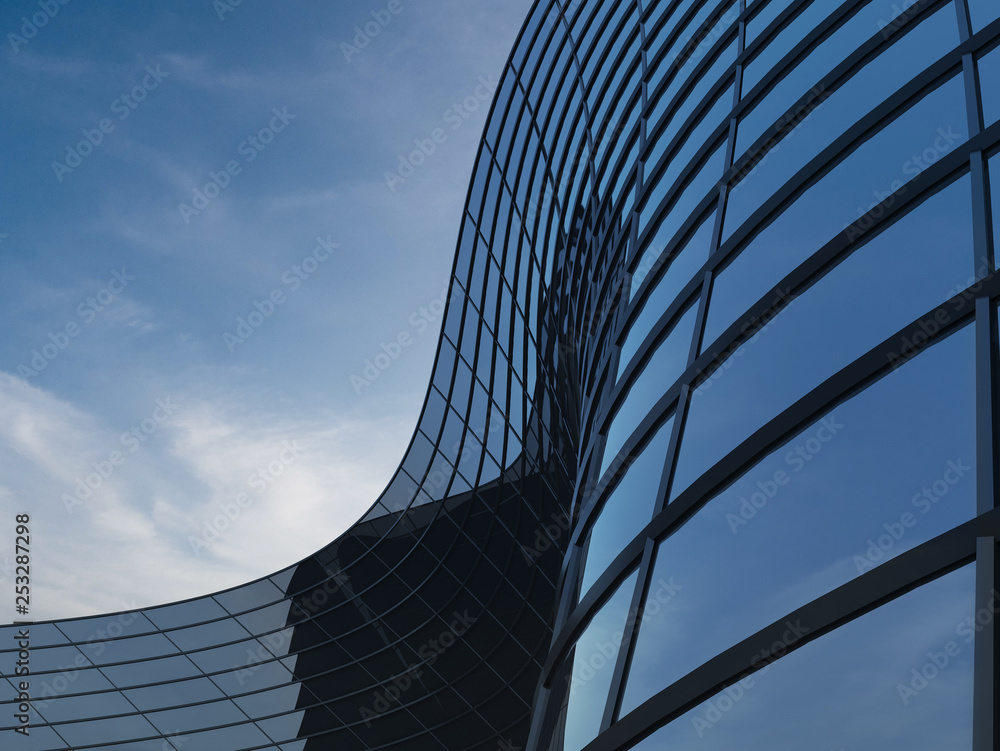Poster 3d stimulate of high rise curve glass building and dark steel window system on blue clear sky backgr