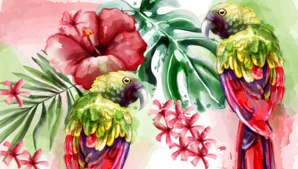 Tropic card watercolor Vector with colorful parrot bird and flowers © castecodesign