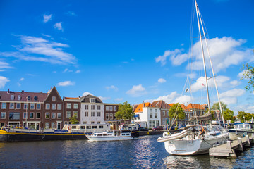 A view of the canal, houses and boats in Haarlem, the Netherlands