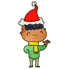 textured cartoon of a friendly boy wearing santa hat