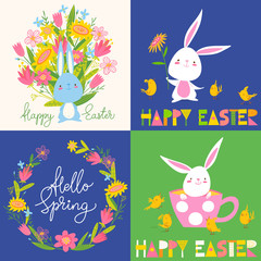 Set of four vector easter spring images with rabbits, flowers and lettering
