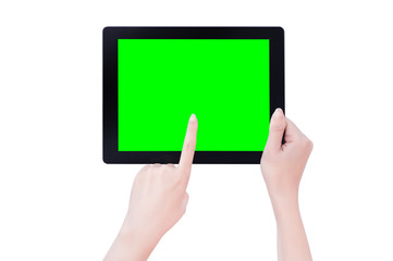 Young beautiful girl holding a black tablet pc template with green screen isolated on white background, close up, mock up, clipping path, cut out
