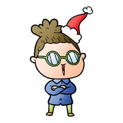 gradient cartoon of a woman wearing spectacles wearing santa hat