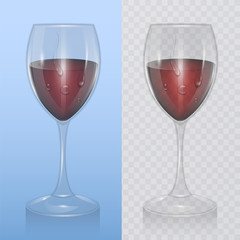 Transparent vector wine glass with red wine, template of glassware for alcoholic drinks. Realistic vector illustration