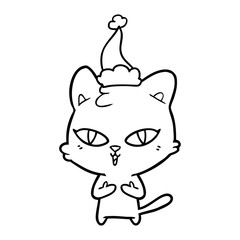 line drawing of a cat wearing santa hat