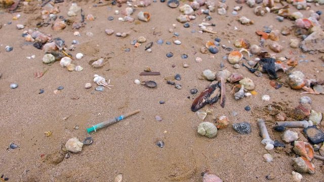 Medical syringes among the rapan shells in sand on sea beach after storm.