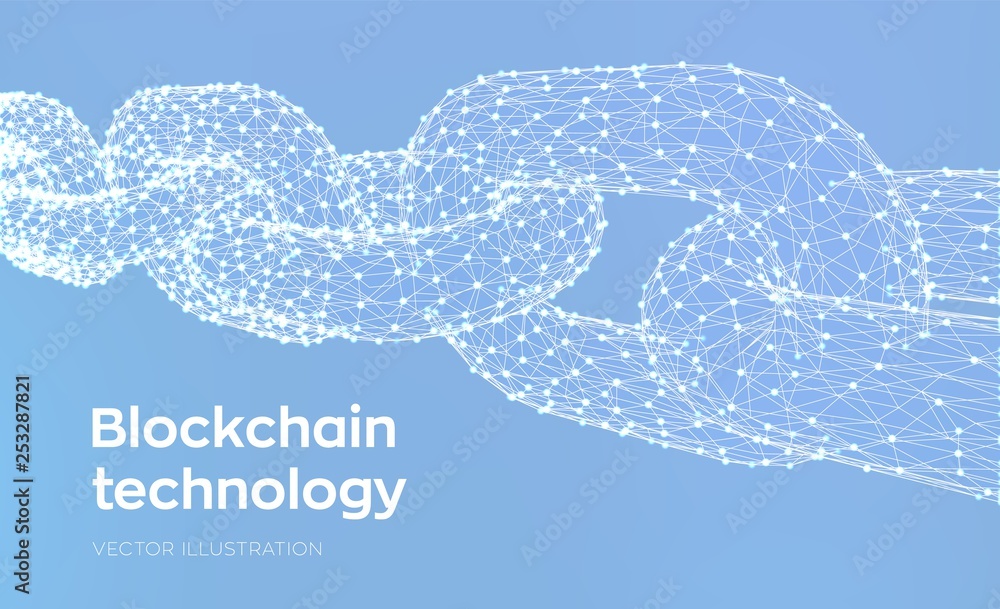 Poster block chain. crypto currency. blockchain concept. 3d low polygonal chain consists of network connect