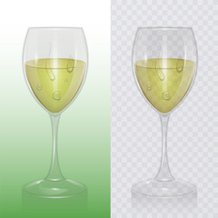 Transparent vector wine glass with White wine, template of glassware for alcoholic drinks. Realistic vector illustration