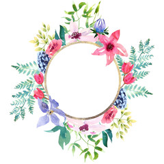 Wedding spring romantic bridal frame wreath. pink purple and white flowers green leaves ornament