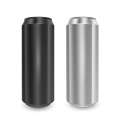 Set of Aluminum cans of Black and Silver colors, isolated on white background. The image of the empty layout for your design, 3D vector Illustration