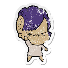 distressed sticker of a cartoon annoyed hipster girl