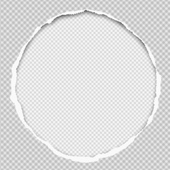 Round paper composition with torn edges and soft shadow is on white squared background. Vector illustration