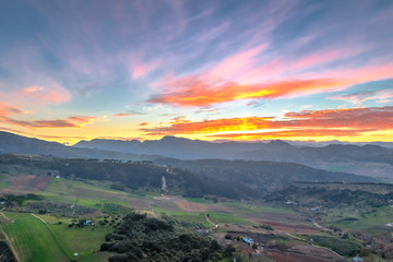Landscape in the comarca Serrania de Ronda at sunset, in Malaga province, Spain