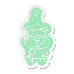 cartoon distressed sticker of a angry pig wearing santa hat