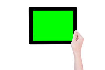 Teenage beautiful girl holding a black tablet pc template with green screen isolated on white background, close up, mock up, clipping path, cut out