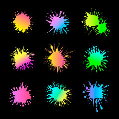 Vector Neon Paint Splashes Isolated on Black Background, Creative Design Elements Set.