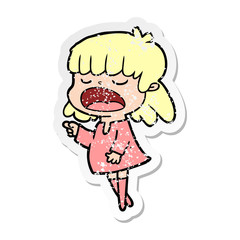 distressed sticker of a cartoon woman talking loudly