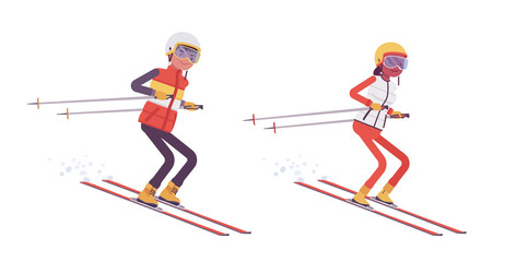 Sporty man and woman ski jumping, enjoy winter outdoor activities on resort, having active holiday, wintertime tourism and recreation. Vector flat style cartoon illustration isolated, white background