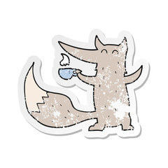 retro distressed sticker of a cartoon wolf with coffee cup