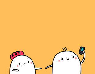Cute marshmallow couple and smartphone hand drawn illustration