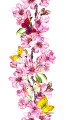 Fototapeta na wymiar Apple, cherry pink flowers, spring butterflies. Seamless floral stripe frame. Botanical watercolour painted border