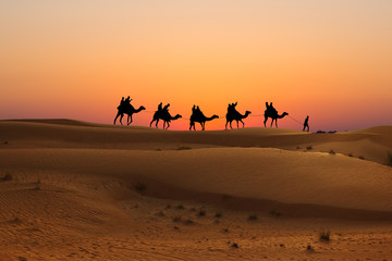 Fototapeta na wymiar Silhouette of camel caravan with people on dessert at sunset
