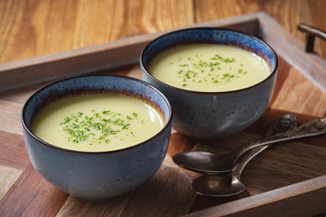 Leek and potato cream soup with cheese.