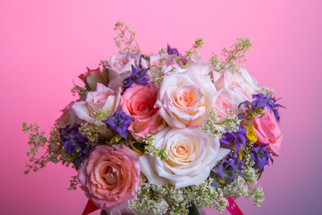 Luxury bouquet made of red roses in flower shop Valentines Bouquet of pastell roses